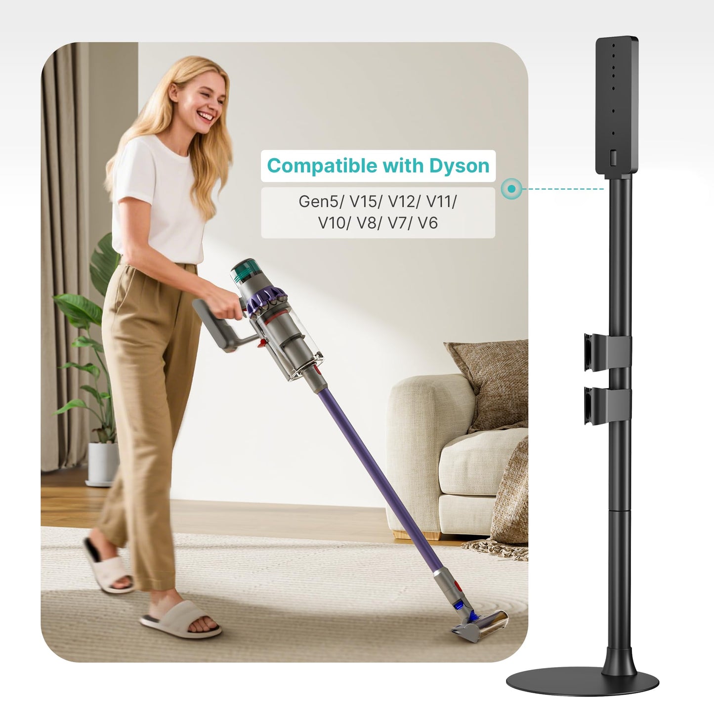PEGZONE Vacuum Cleaner Stand, Compatible with Dyson Gen5 V15 V12 V11 V10 V8 V7 V6, Cordless Vacuum Holder with 2 Removable Accessory Clips, Attachment Organizer with Built-in Cable Slot, Black
