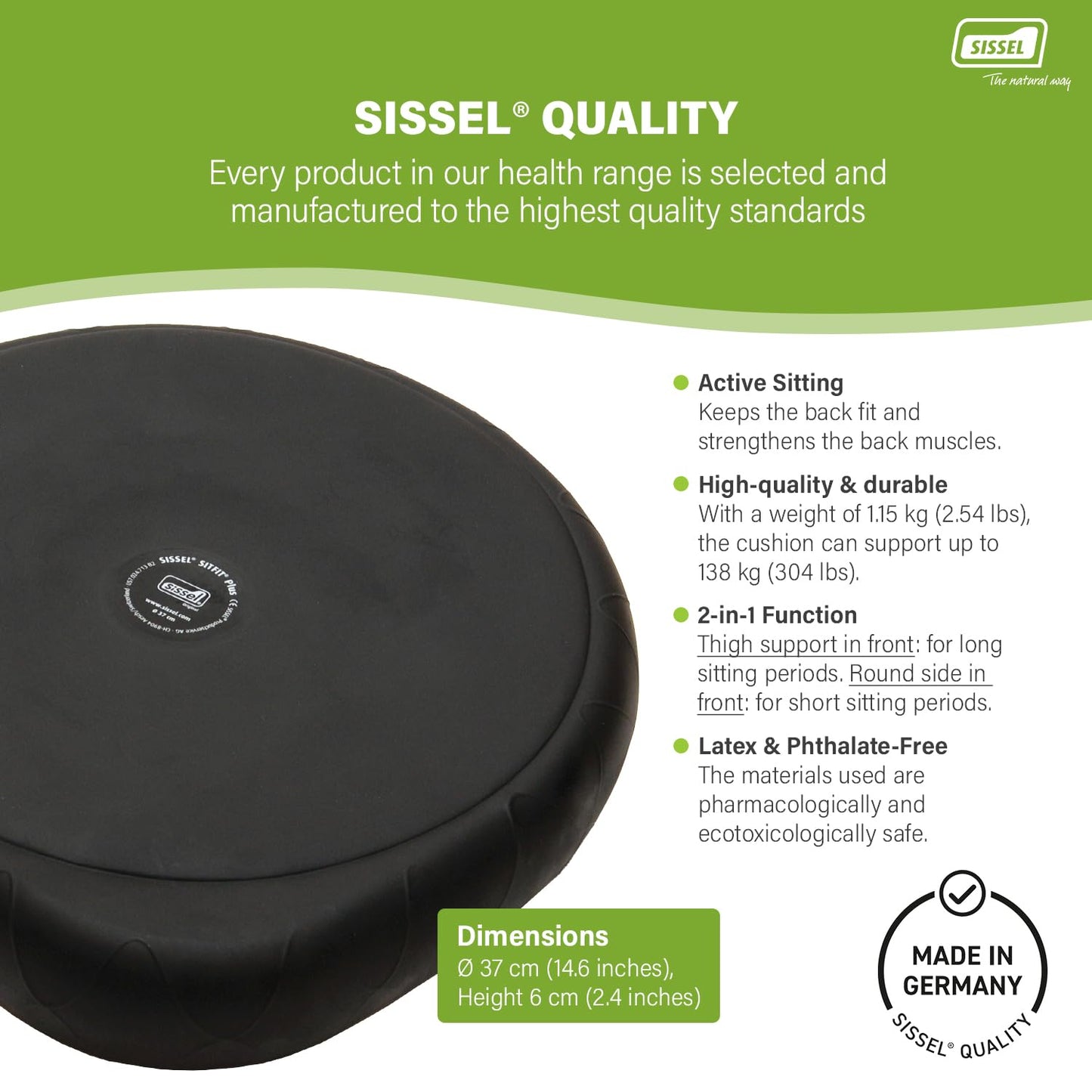 SISSEL SITFIT Plus | Active & Dynamic Sitting | 2-in-1 Function | Adjustable Pressure | Black, 14.5 in | Strengthens Back Muscles | Includes Pump & Exercise Poster