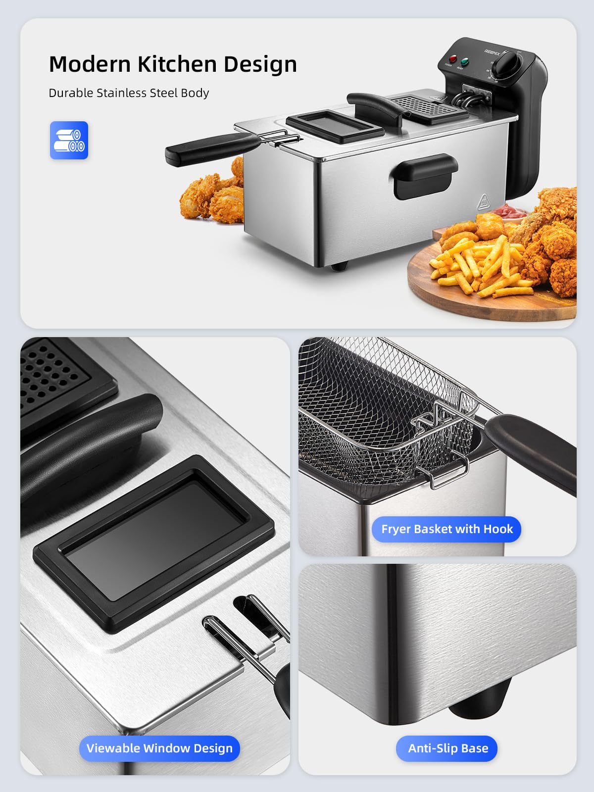 Reemix 3L Electric Deep Fryer 1500W, Adjustable Temperature up to 375°F, Detachable & Dishwasher Safe Oil Pot, Small Countertop Fried Chicken Maker, Stainless Steel