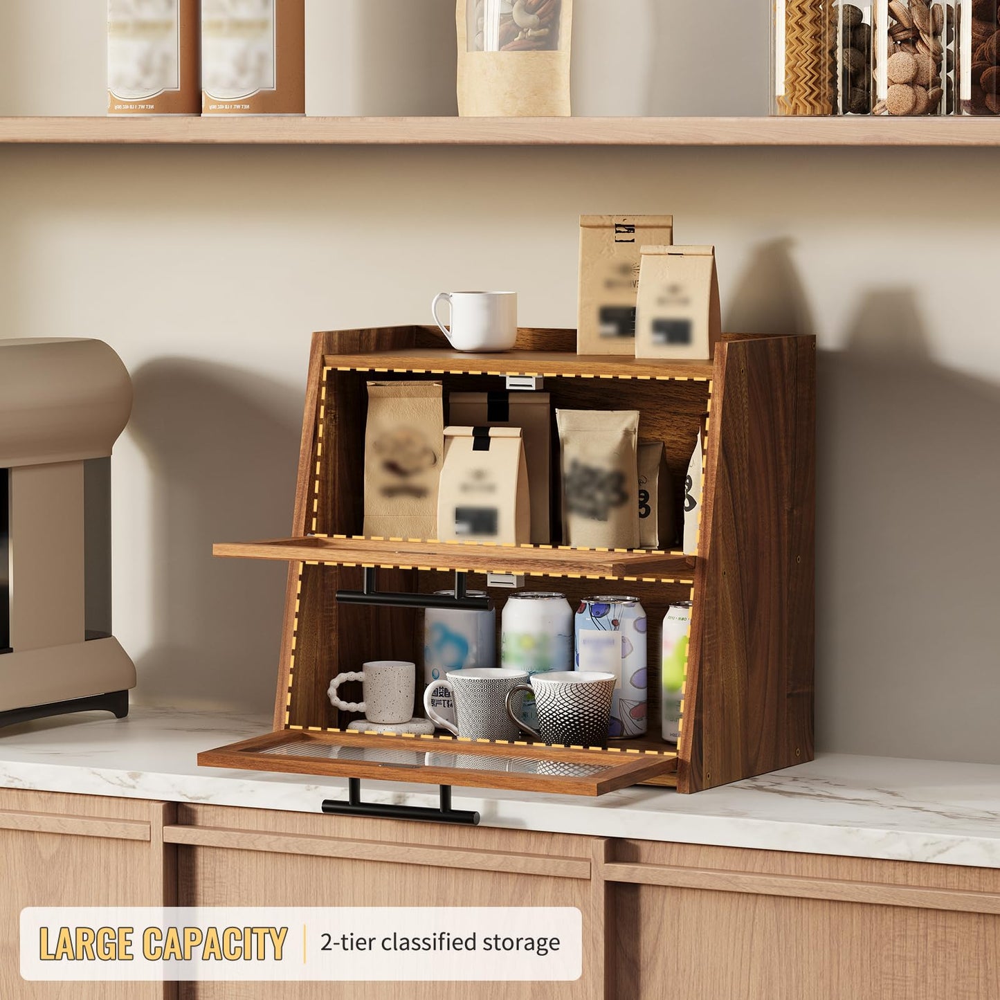 Furshus Bread Box for Kitchen Counter, Wooden Double Layer Bread Storage Container Bin,Bread Holde,Countertop Bread Storage with Window