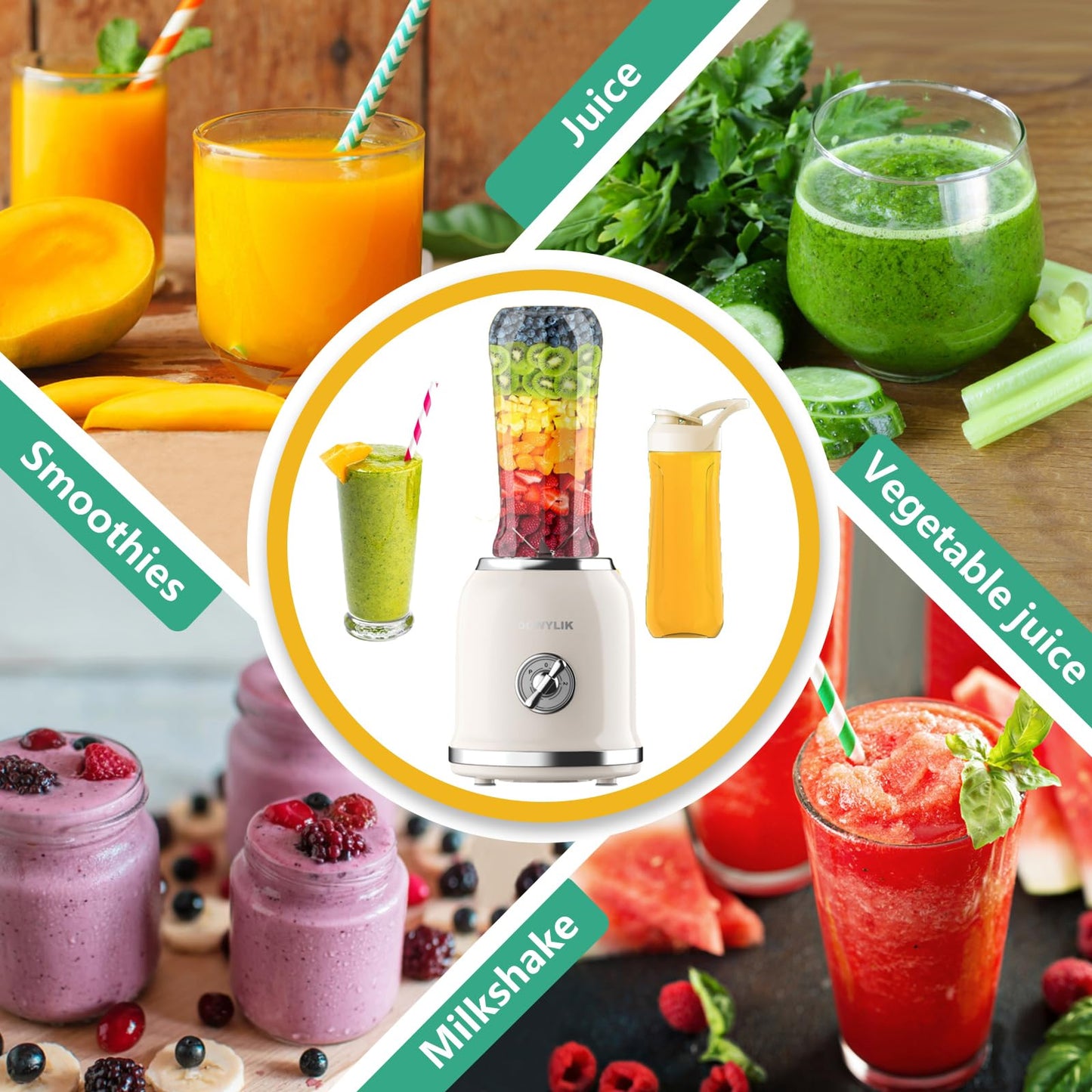 DOWYLIK Personal Retro Protein Drink Blender, 3 Speed Small Blender for Smoothies, Maker with 6-Edge Blade and 2 * 20oz BPA Free Travel Cups