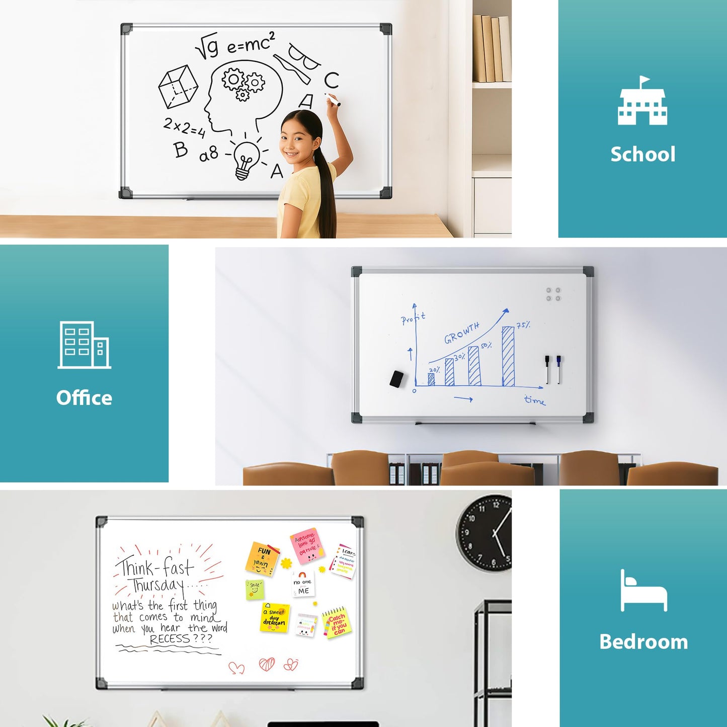 Paporia 36"x24" White Board for Wall, Aluminum Frame Dry Erase Board, Hanging Magnetic Whiteboard with 1 Eraser & 2 Markers & 4 Magnets for Home, School, Office, Dorm Room, Classroom