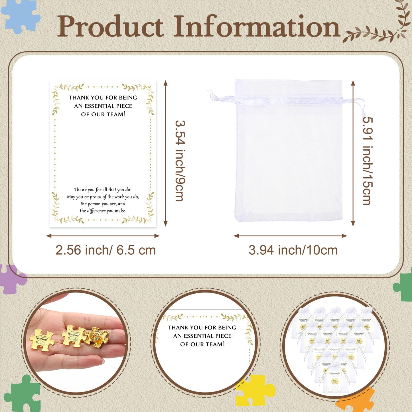 Solsew 72 Sets Employee Appreciation Gifts Bulk Puzzle Piece Lapel Pin Thank You Card and Organza Bag Building Recognition Soccer Baseball Team Gift for Employee Office Staff Coworker (Awesome)