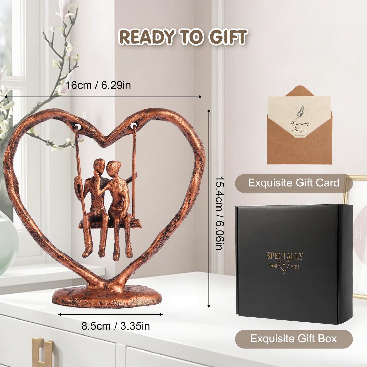 Sipujade Copper/7th/Bronze Anniversary Wedding Gifts for Wife/Her/Him/Couple,Valentine's Day/Birthday/Wedding Gifts,Heart Sculpture/Figurine,Handcrafted Antique Bronze Metal Couple Statue Decor