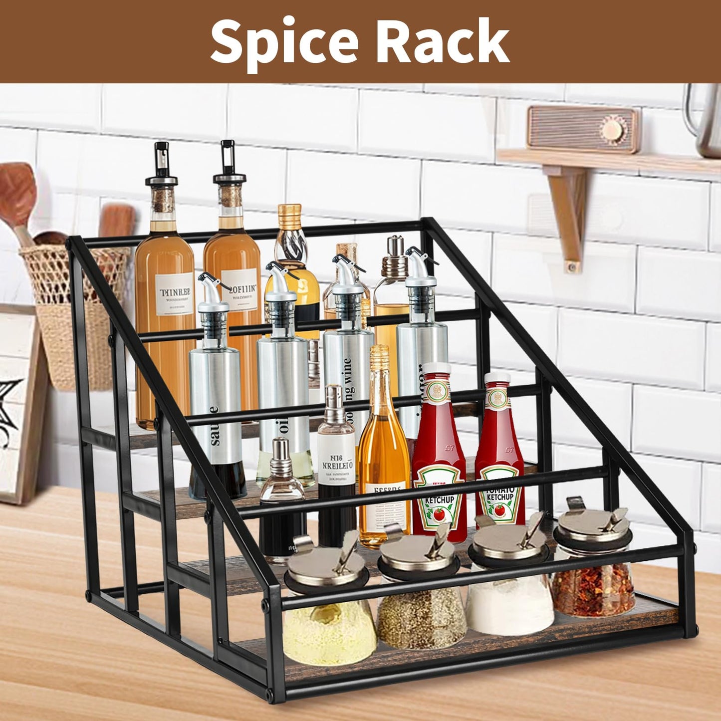 YQBRAO Coffee Syrup Rack Organizer,Liquor Bottle Display Shelf,Water cup display stand,Spice Rack Kitchen Cabinet Organizer,Rustic Brown,2 Packs 4 Tier 16 Bottle Coffee Syrup Holder
