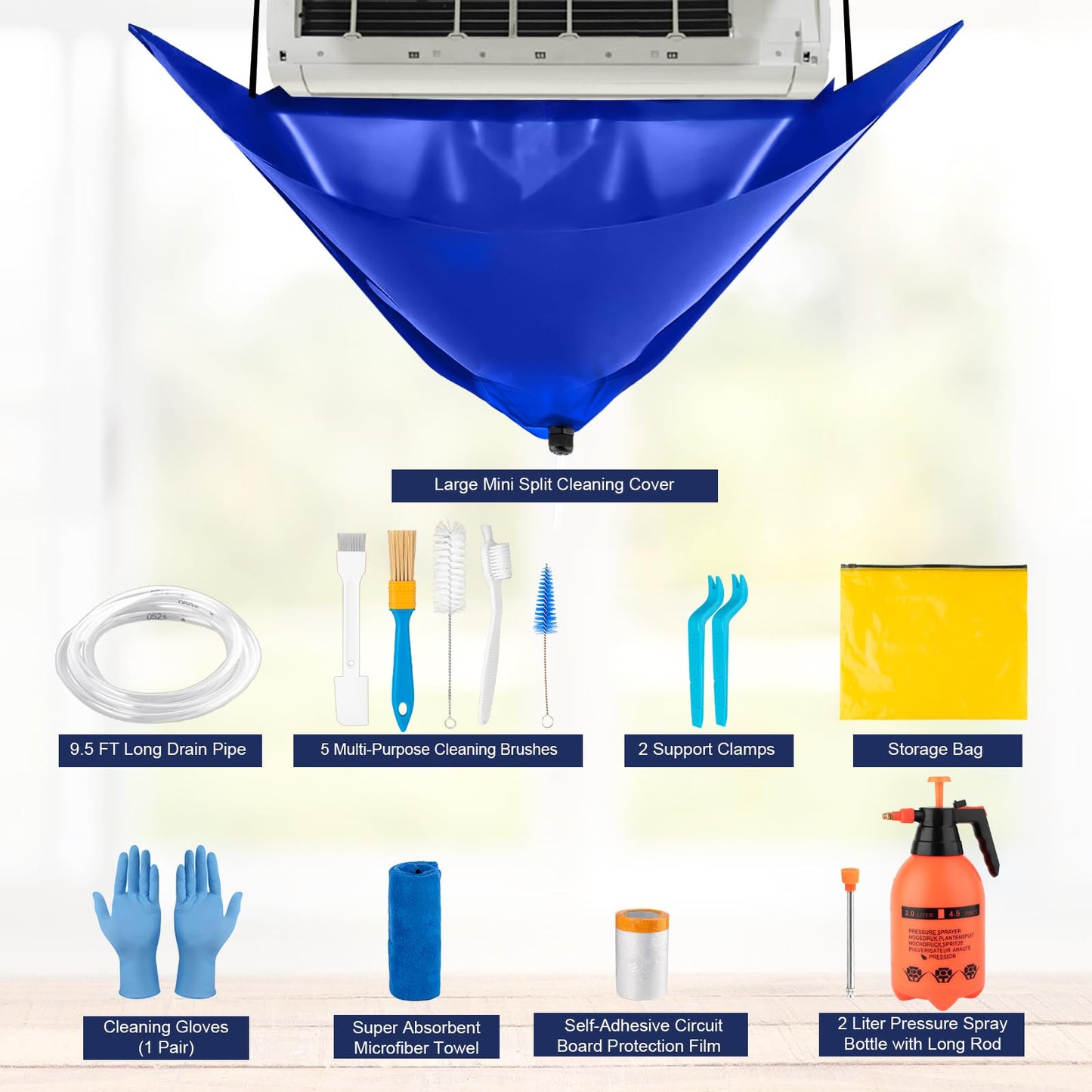 Large Size Mini Split Cleaning Kit, 14 Pcs Mini Split Cleaning Bag with 2L High Pressure Sprayer, Professional Ac Cleaning Kit Fit for Systems Lengths from 38" to 48"