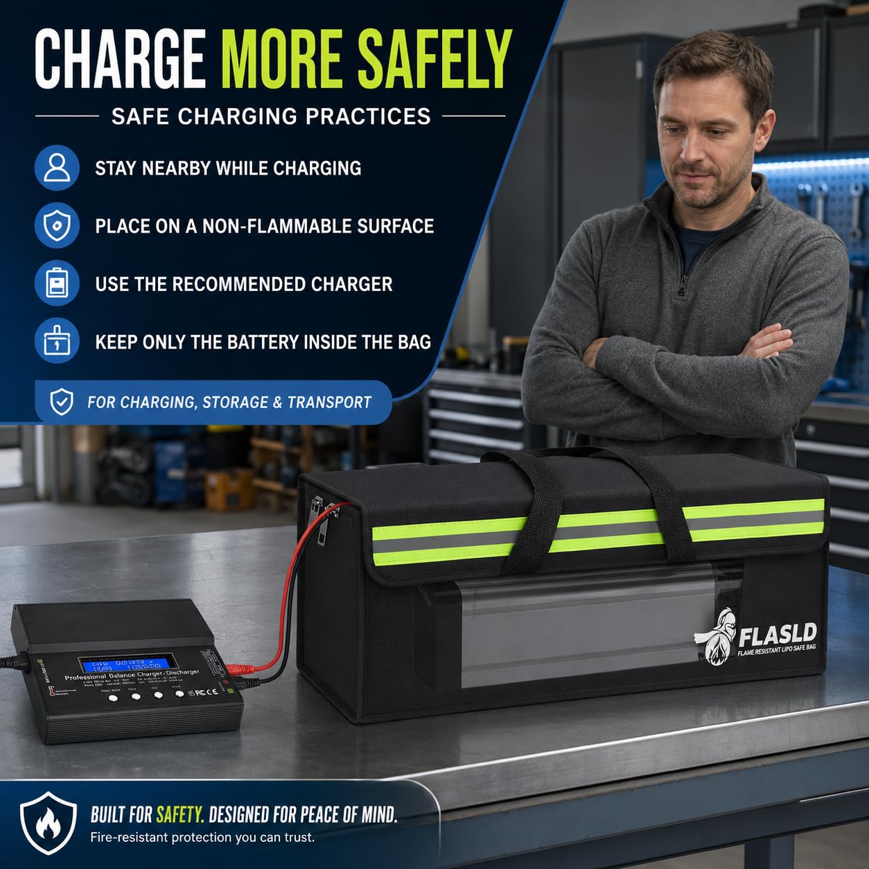 FLASLD 2-Pack E-Bike Battery Bag Fireproof Safe Charging Bag Explosionproof Lipo Battery Bag Large Capatity for Storage Charging (16 x 4.3 x 5in)