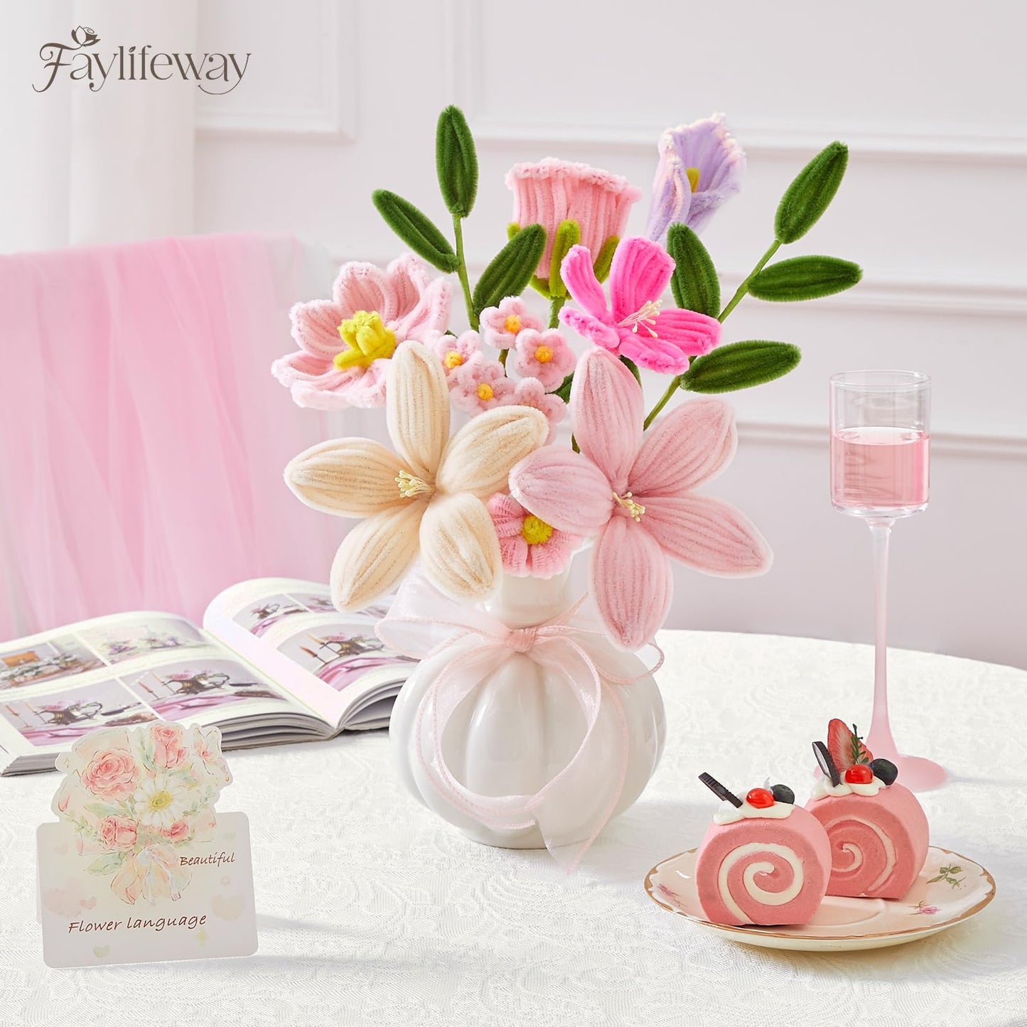 Faylifeway Pipe Cleaner Flower Bouquet Already Made, Pink Chenille Stem Flowers, Flower Bouquet for Mom Women, Birthday Anniversary Graduation Gift(Include Card)