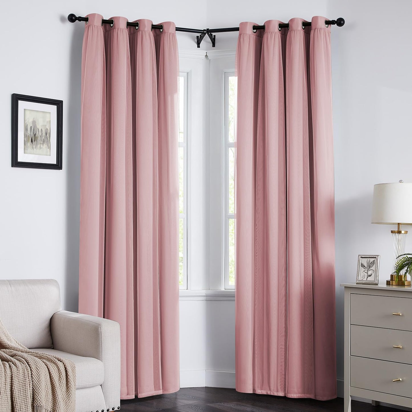 Swandream 100% Blackout Curtains for Bedroom, Double Layer Pink Curtains, Black Out Curtain 84 inch Long with Sheer Overlay for Living Room, Room Darkening Window Drapes with Grommet, 52" W x 84" L