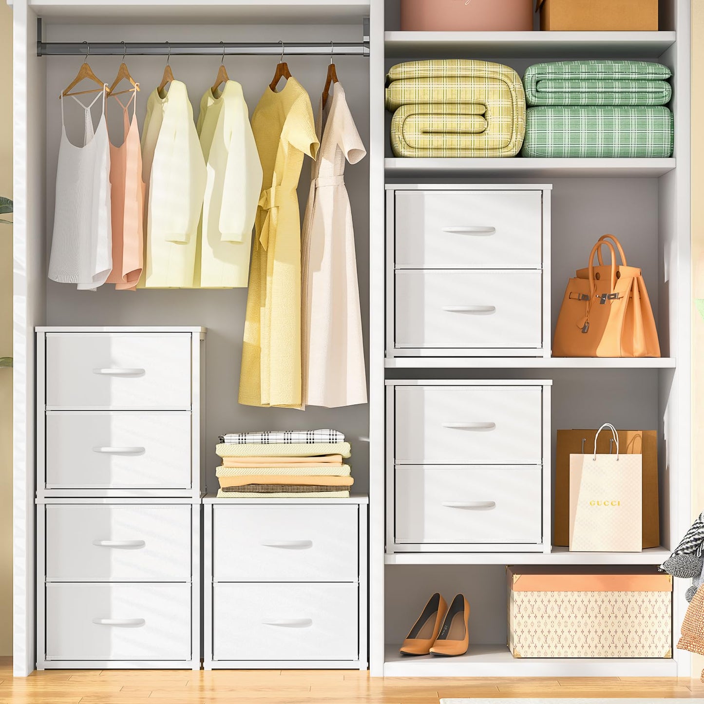 DAOUTIME Stackable Storage Drawers, White Closet Organizer with Wooden Top & Metal Frame, Closet Storage Drawers for Clothes, Freestanding or Stackable Dresser for Bedroom, Living Room, Under Bed