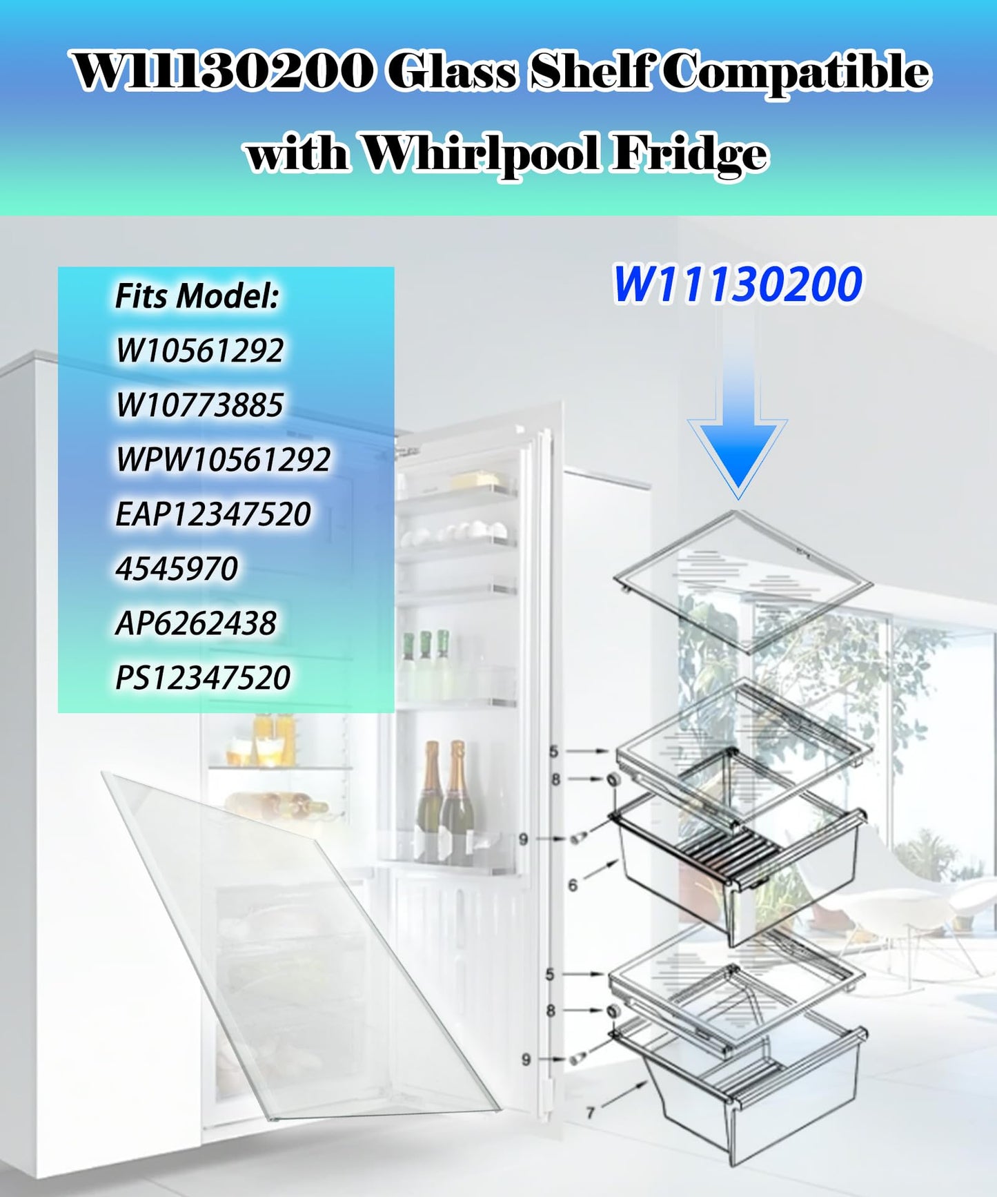 W11130200 WRS571CIHZ04 Freezer Glass Shelf 17.5" X 13" Replacement Compatible with Whirlpool Freezer Shelf Replacement Refrigerator Glass Freezer Shelves Parts WRS571CIDM00,WRS571CIHZ00,WRS571CIHW04