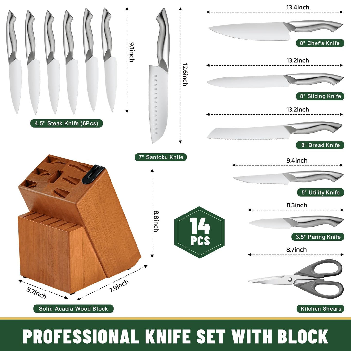 Knife Set, EWFEN 14-Piece Kitchen Knife Set with Block, German Stainless Steel Knives with Built-in Knife Sharpener, Anti-Slip Sharp Knives Set for Kitchen, Dishwasher Safe, Curved Handle