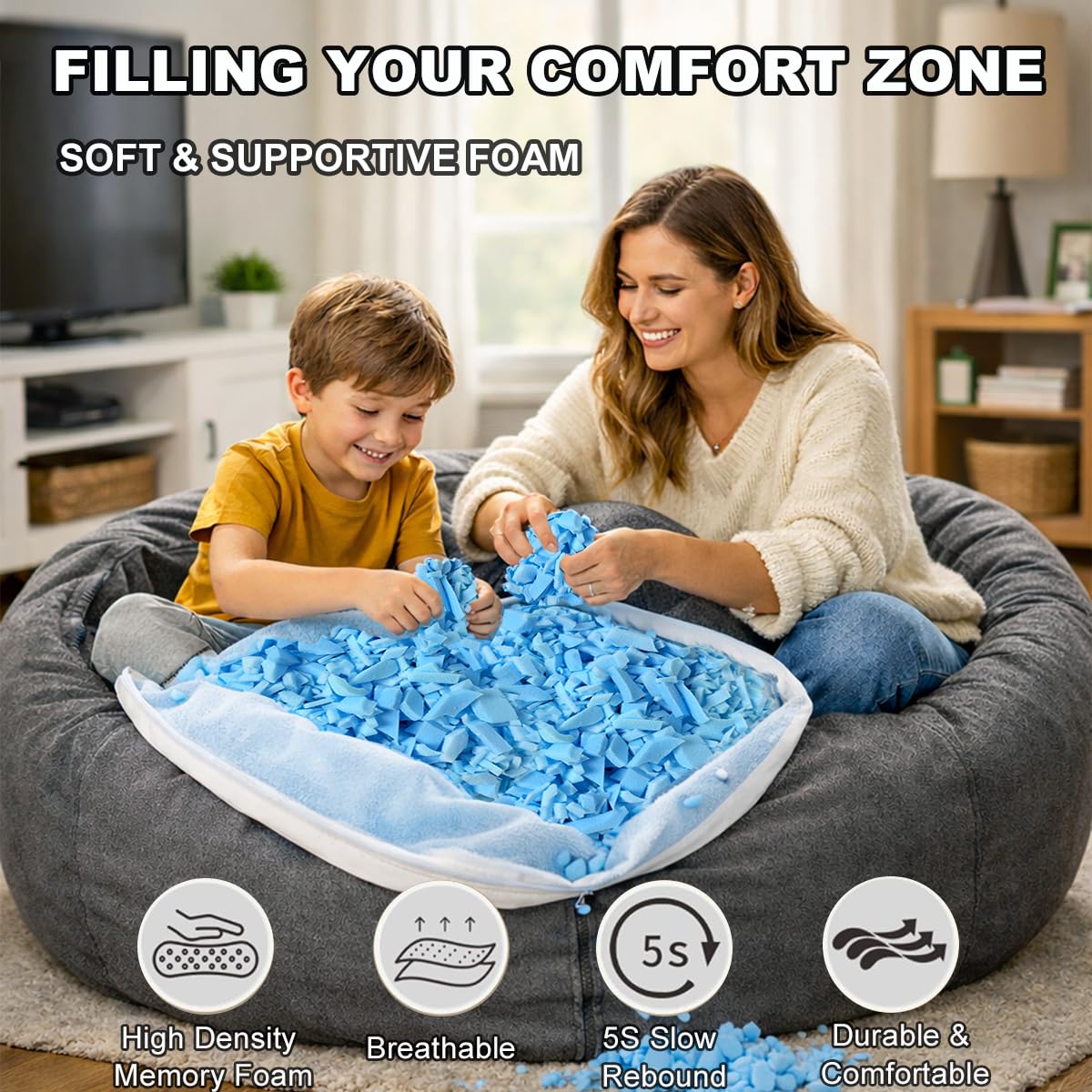 GUBFFON Bean Bag Filler 20lbs - Shredded Memory Foam Refill, Soft & Supportive Stuffing for Bean Bag Chair, Couch, Cushion, Dog Bed, Punching Bag, Pillow & Crafts