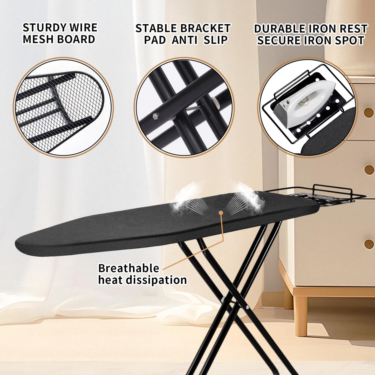 Ironing Board, 43x14 Inch Iron Board with Steam Rest, Heavy Duty Metal Frame Legs Ironing Table with Heat Resistant Cover Mat, Foldable Full Size Hanger Ironing Stand (Black, 52" L x 14" W x 34.6" H)