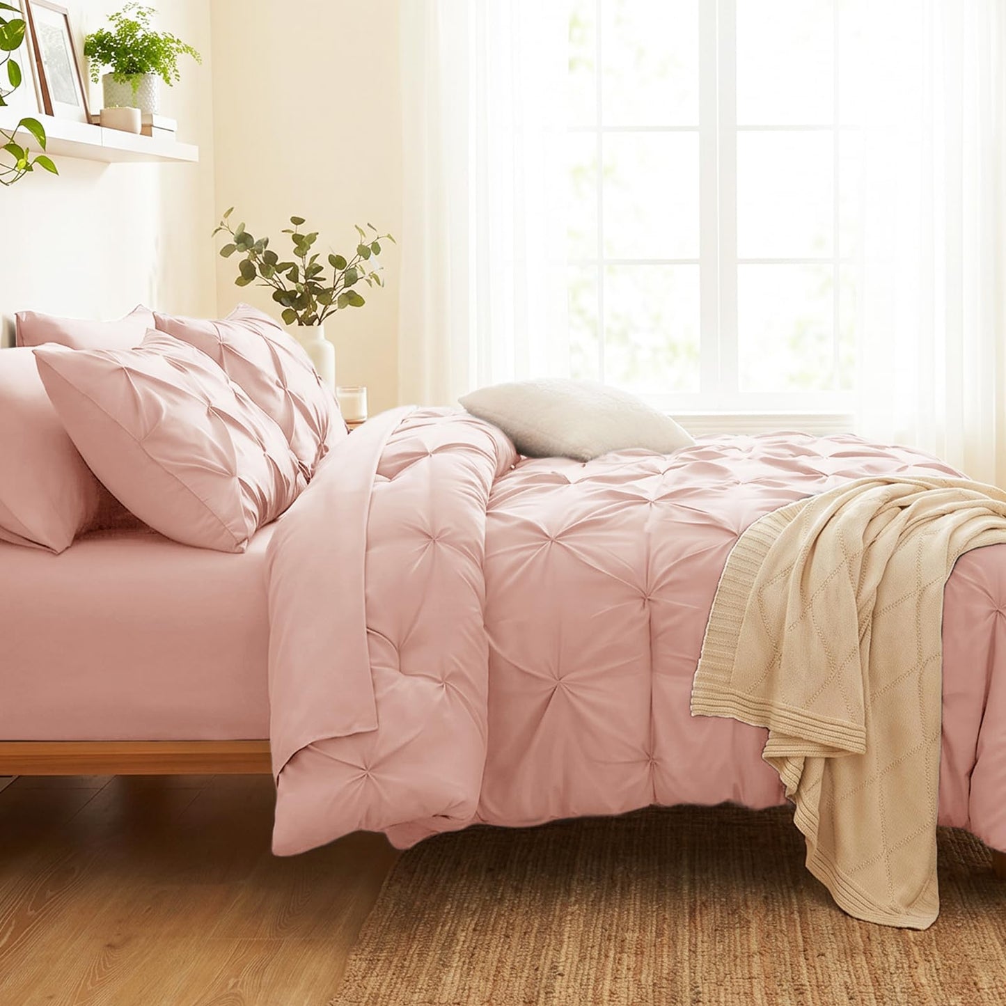 CozyLux Twin Comforter Set with Sheets Peach Pink, 5 Pieces Pintuck Bed in A Bag, All Season Bed Set Gift for Girls and Boys, Pinch Pleat Bedding Set with Comforter, Sheets, Pillowcase & Sham