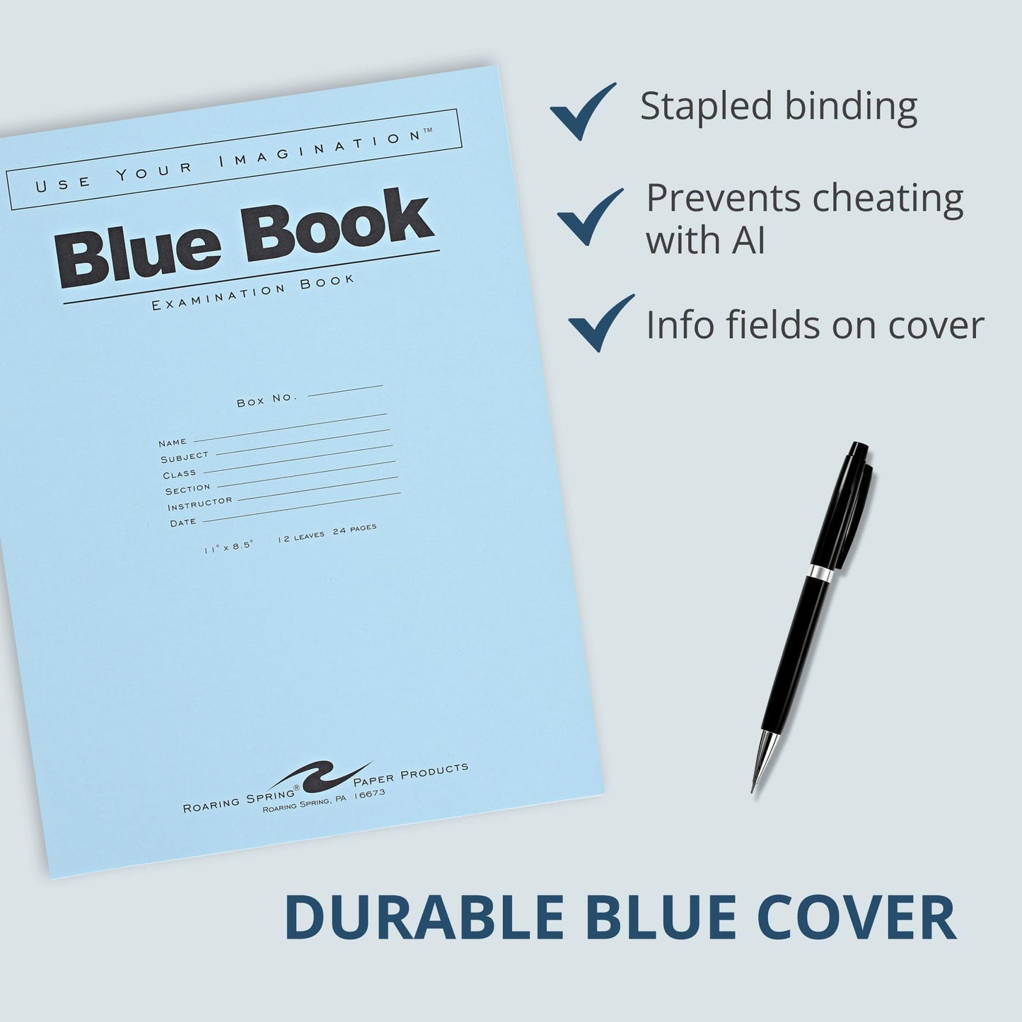 ROARING SPRING Exam Blue Books, 50 School Examination Booklets, 11" x 8.5", 12 Sheets/24 Pages, Wide-Ruled with Margin Student Testbook, Made in USA