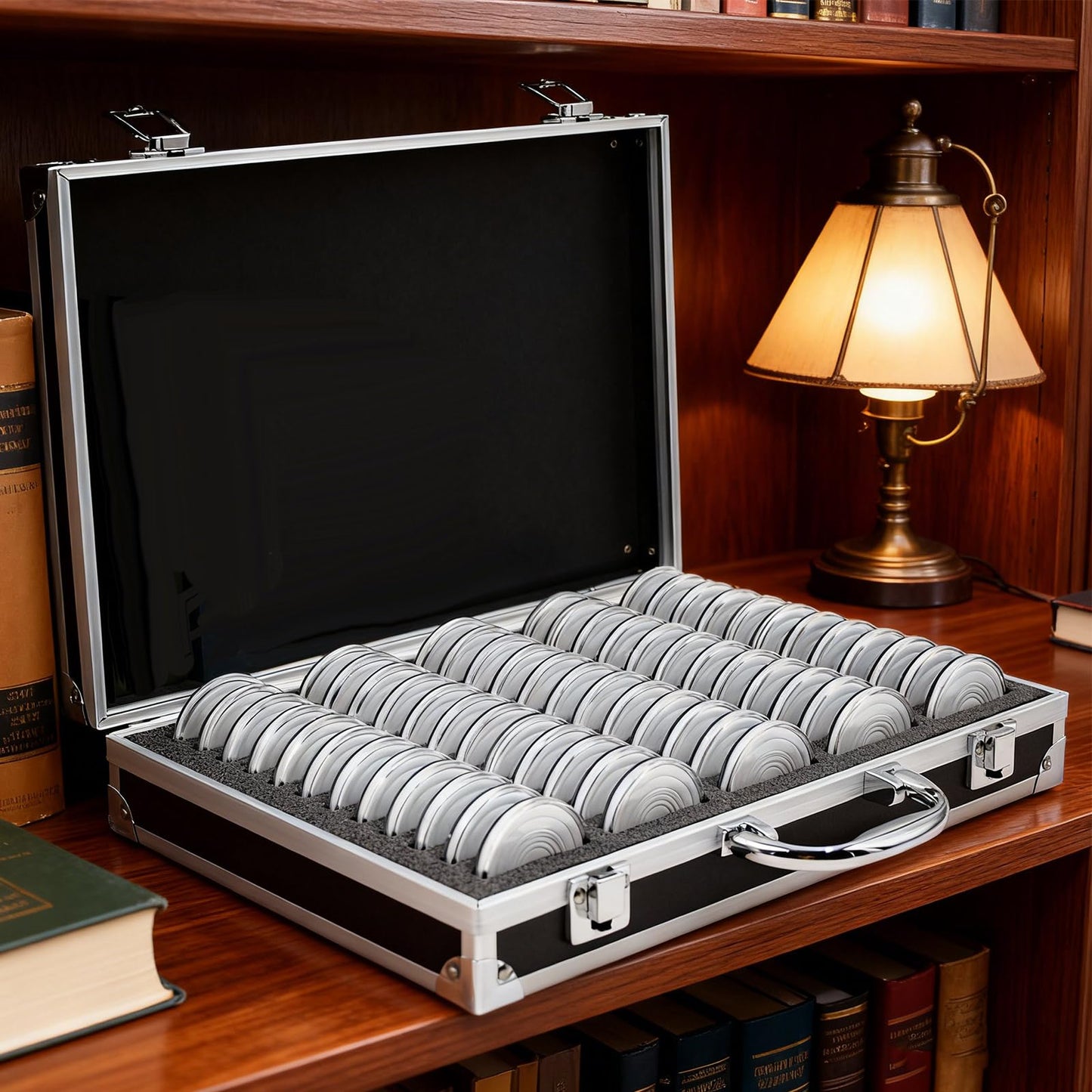 Dnoifne Aluminum Alloy Coin Storage Box with 60 Holders, Fits 6 Sizes (20/25/27/30/38/46 mm), Portable Coin Organizer Case with Foam Inserts & Gaskets, Durable Travel Coin Collection Carrying Case