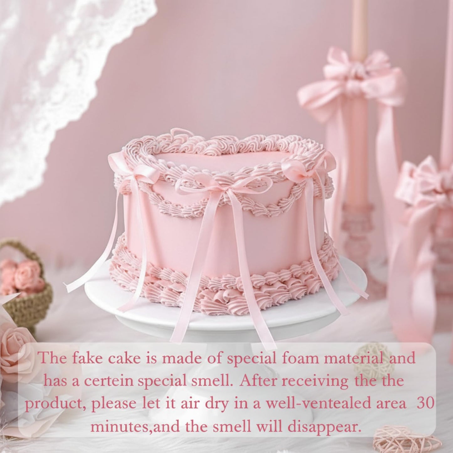 Remerry 6 Inch Bow Fake Cake Coquettish Birthday Fake Cake Decor Wedding Dessert Props Artificial Heart Dessert for Props Women Birthday Gift(Pink,Heart)