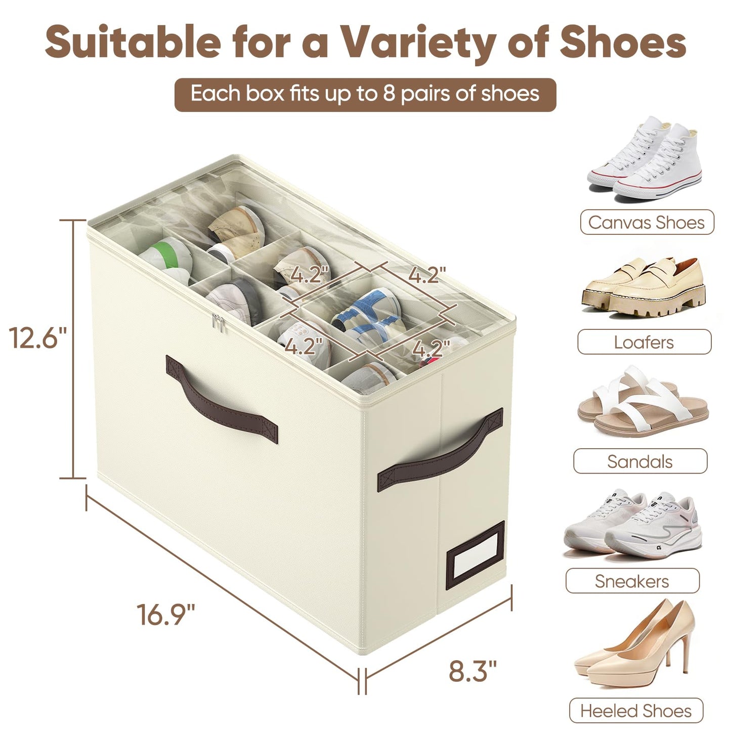 OIAHOMY 4 Pack Shoe Organizer for Closet, Foldable Shoe Storage Bins with Adjustable Dividers, Stackable Oxford Cloth Sneaker Boxes for Entryway Bedroom, Fits Up to 32 Pairs, Beige