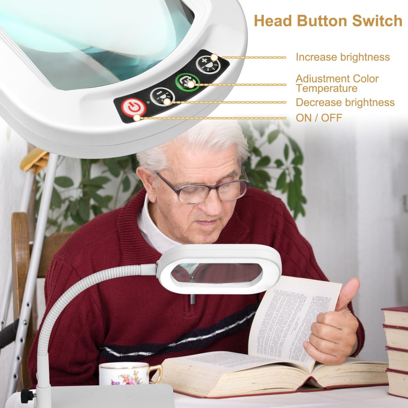 Veemagni 12X Rectangle Magnifying Glass with Light and Stand, Flexible Gooseneck LED Lighted Desk Lamp, 5 Color Modes Stepless Dimmable, Hands Free Magnifier for Reading Painting Close Work - White
