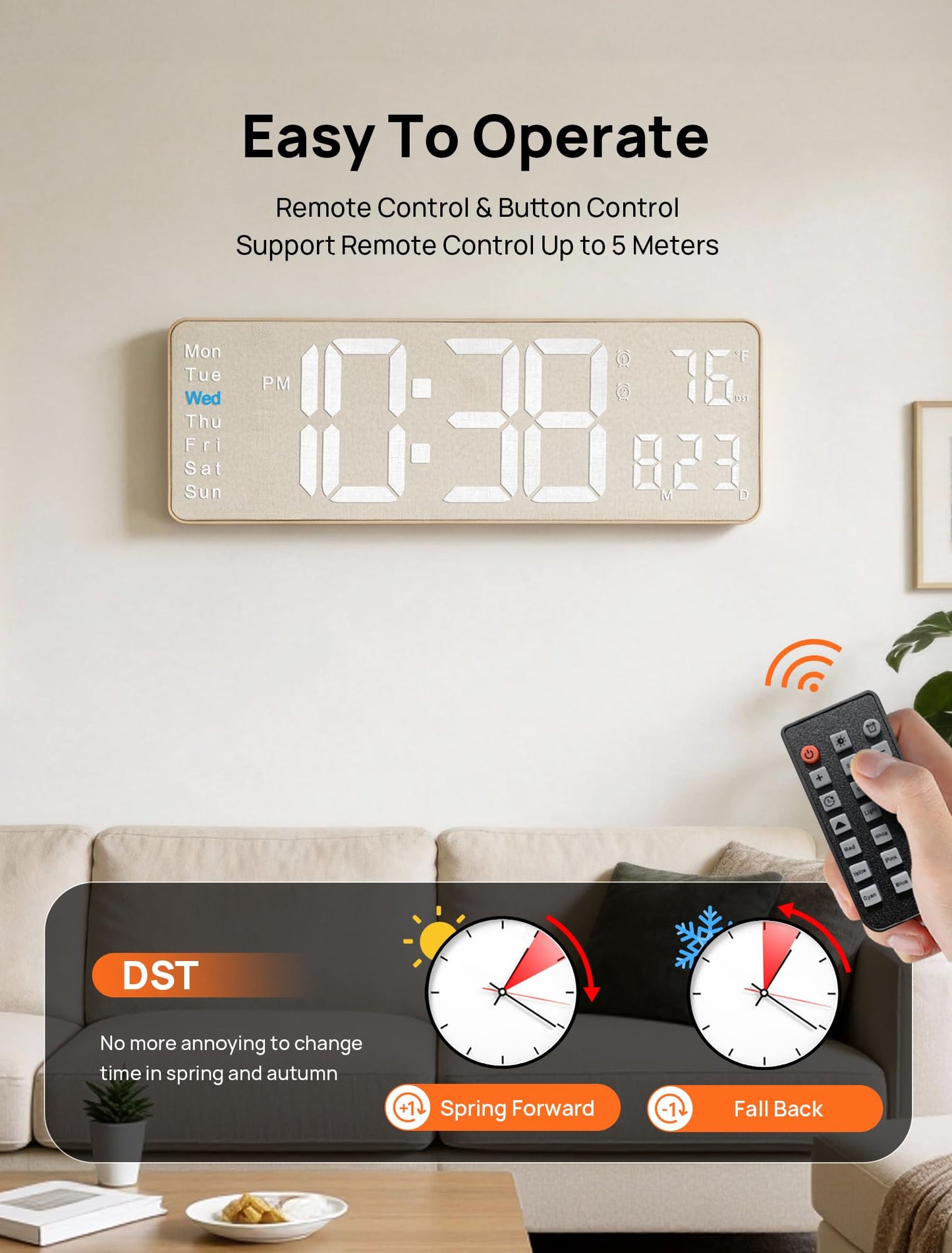 MASHI 2026 Upgrade Digital Wall Clock, 16" Large Display Digital Clock with Remote Control, Auto-Dimming Wall Clock with Night Light, DST, Date Week,Temp for Living Room, Gift for Elderly (Beige)