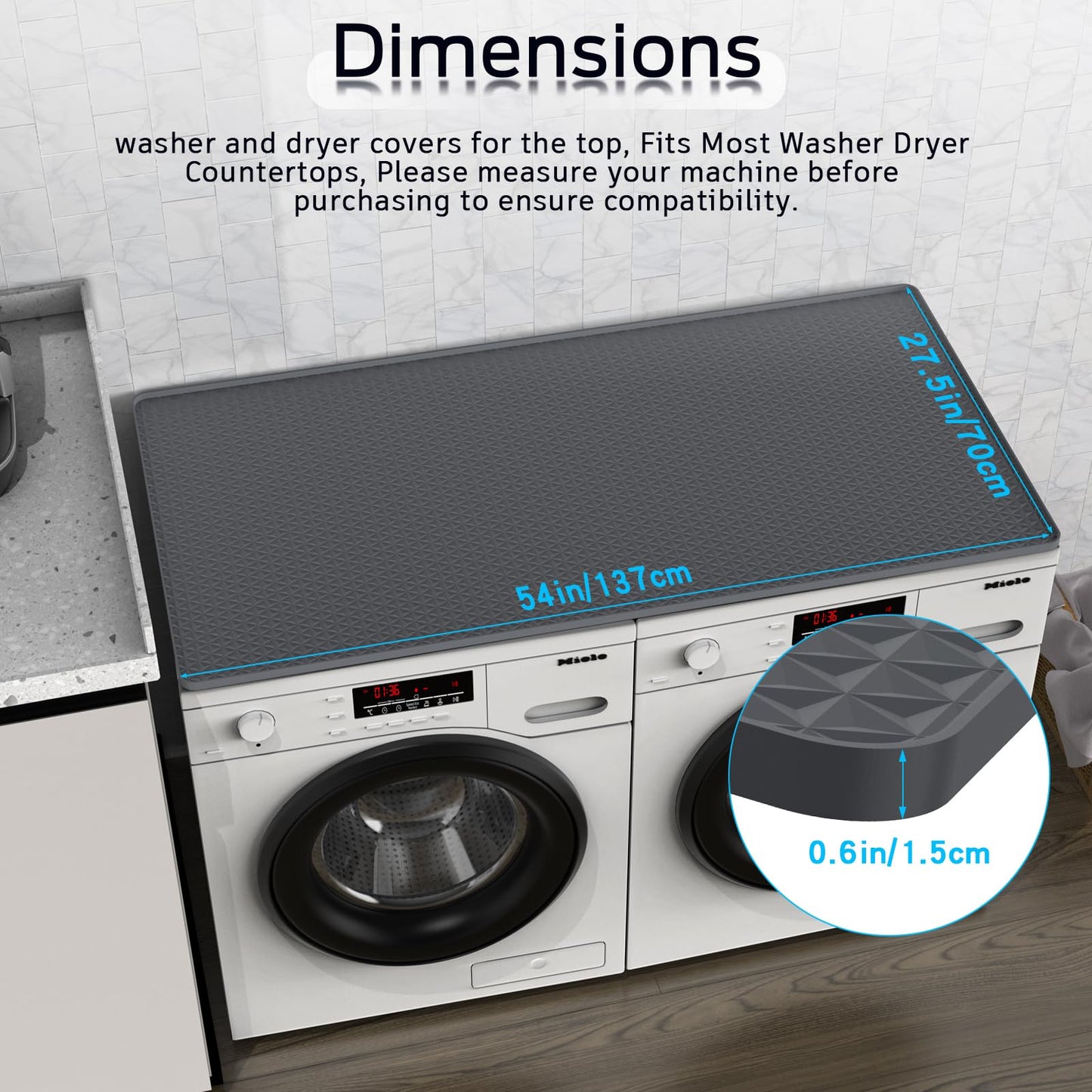 54" x 27.5" Washer and Dryer Covers for the Top，Waterproof and non-slip Washing Machine Cover，Applies to Kitchen、laundry room organization，Washer Dryer Countertop. (Gray)