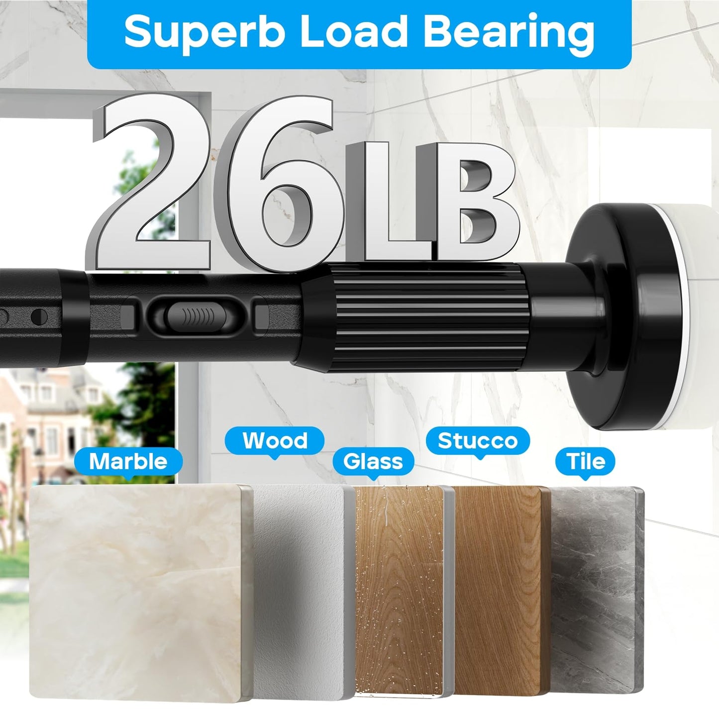ZipGlo Tension Curtain Rod Black Shower Rod 40-166IN Extra Long Curtain Rods No Drilling Adjustable Tension Rods for Window Shower or Bathroom Outdoor Patio Diameter 1.26In