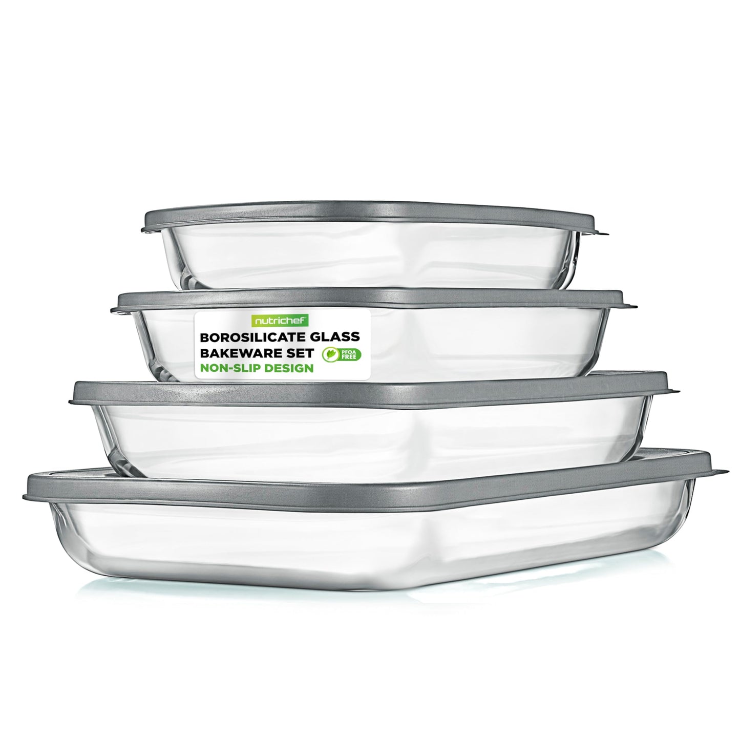 NutriChef 8-Piece Deep Glass Baking Dish for Oven with Lids - Casserole Dishes for Oven - Bakeware Sets for Lasagna, Meatloaf, Leftovers, Cooking, & Dishwasher Safe -Gray