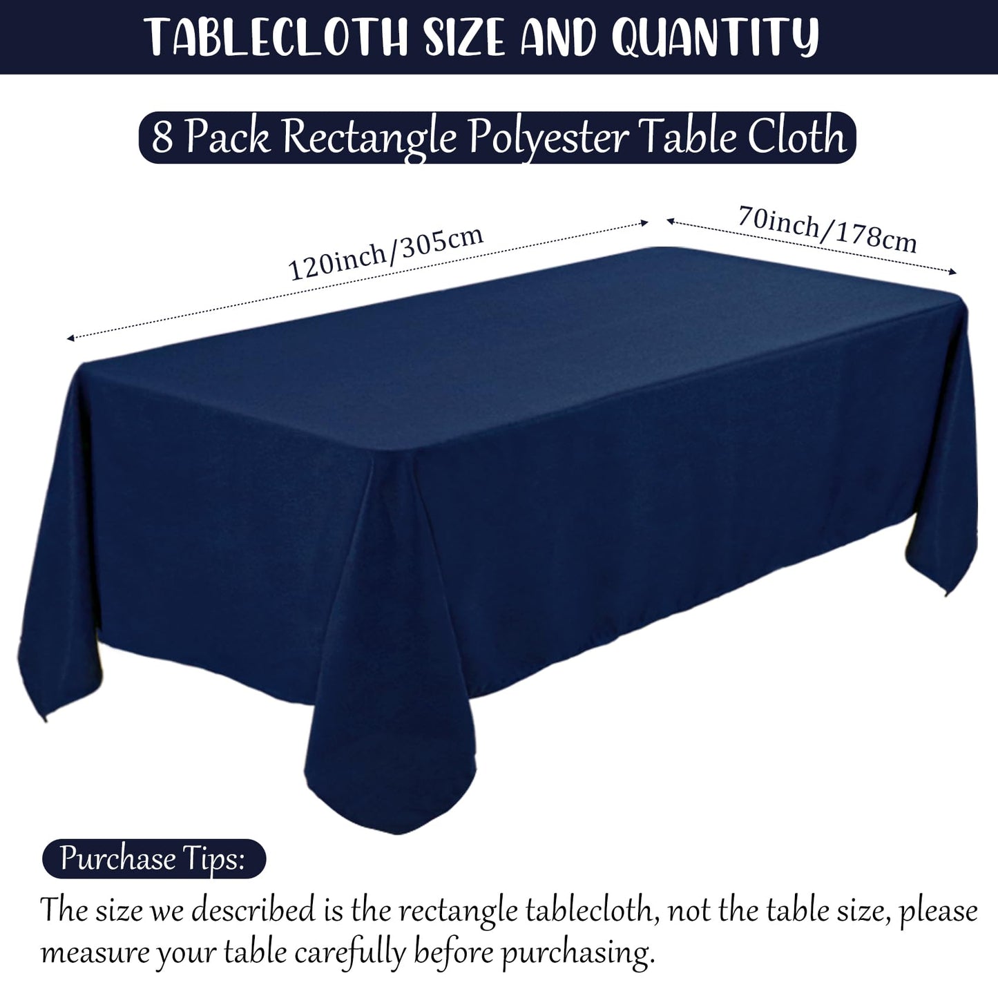 Fivenl 8 Pack Navy Blue Tablecloth 70 x 120 Inch, Premium Rectangle Table Clothes for 6 or 8 Foot Rectangle Table, Washable Polyester Fabric Table Covers for Wedding Party Reception Banquet Buffet
