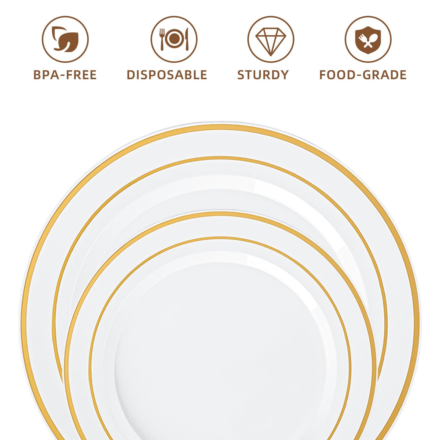 QualQuot 200PCS White Plastic Plates with Gold Rim, Disposable Heavy Duty Plastic Plate, 100 Dinner and 100 Dessert Plates for Party and Wedding