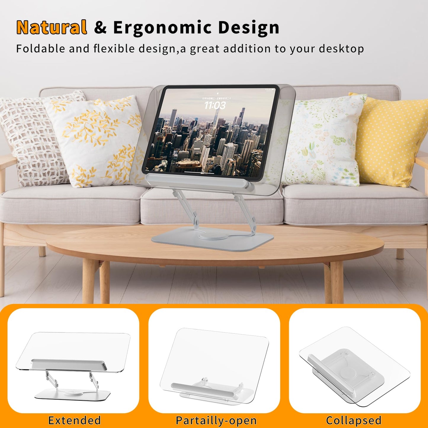Acrylic Book Stand for Reading,Adjustable Holder with 360° Rotates Base & Page Clips,Foldable Desktop Ricer for Cookbook,Music Scores,Laptop,Tablet,Recipe,Textbook,Magazines