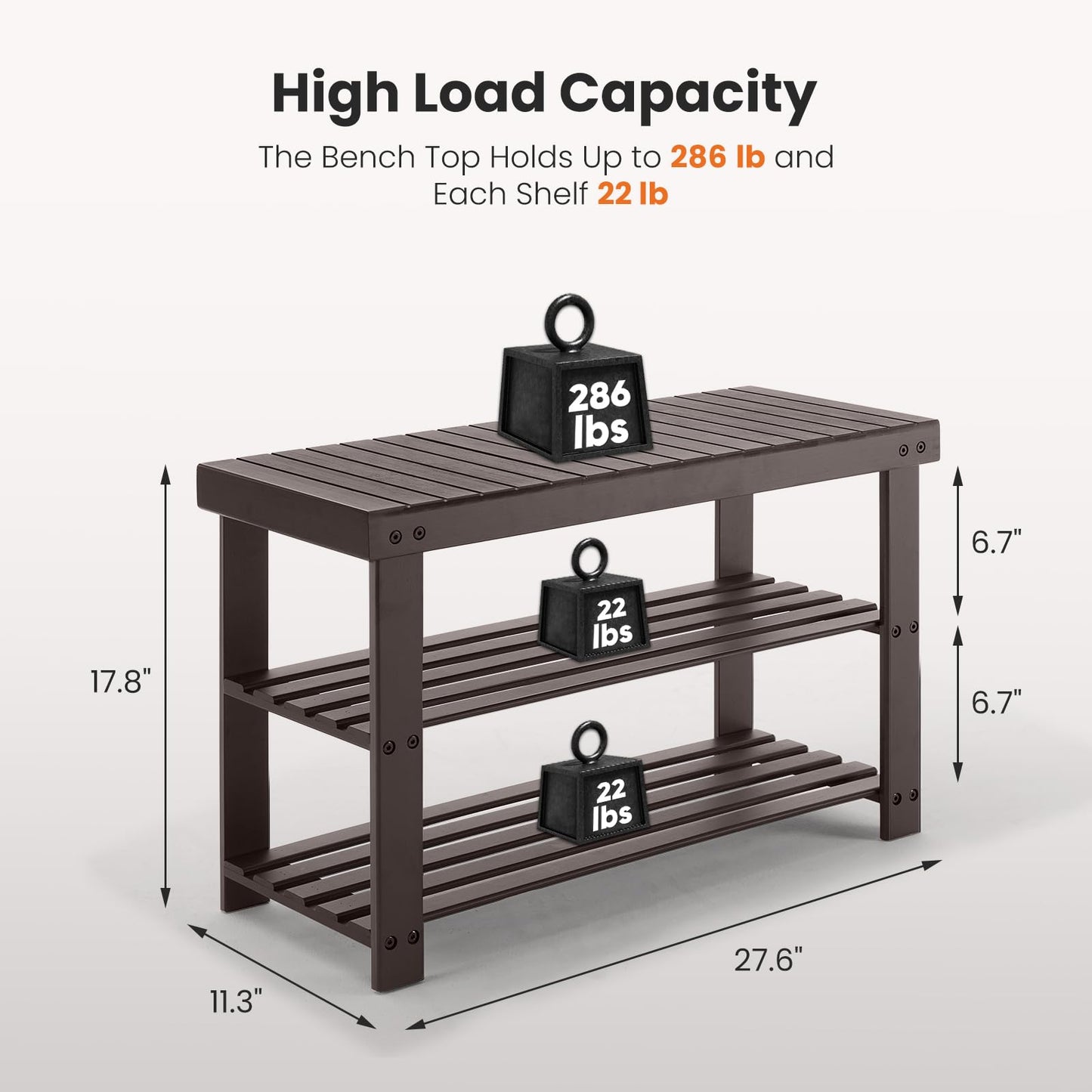 Sweetcrispy 3-Tier Shoe Rack Bench, Bamboo Entryway Storage Organizer, Shoes Stand for FrontDoor Entrance, Bedroom, Living Room, 286lb Capacity, 11.3 x 27.6 x 17.8 Inches, Chestnut