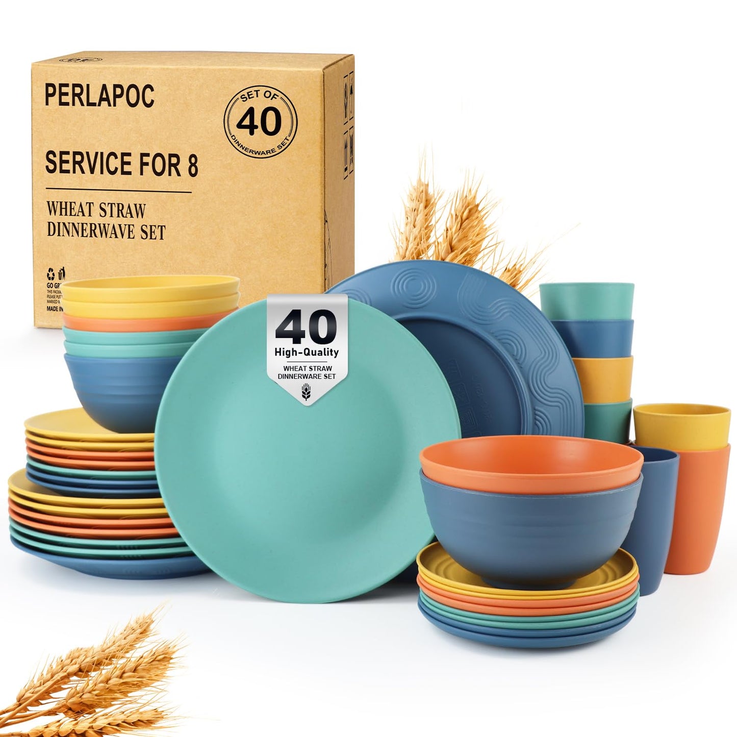 Perlapoc Wheat Straw Dinnerware Set 40 PCS - Service for 8 | Plates and Bowls Sets | Unbreakable Dishes Set - Dinner Plates, Dessert Plate, Cereal Bowls, Drinking Glasses, Dishwasher Safe - Multi