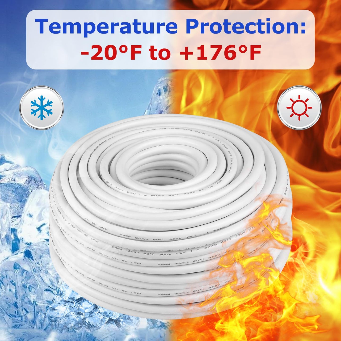100FT 18 Gauge 8 Conductor Electrical Wire, 18AWG PVC Thermostat Wire, Low Voltage Landscape Wire for LED Lighting Strips Automotive Security Alarm Speaker, White
