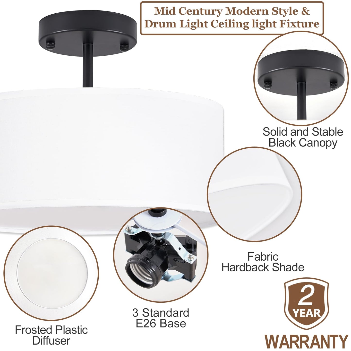 Bargeni Semi Flush Mount Ceiling Light,13 inch Modern 3-Light Ceiling Light Fixture,Black Semi Flush Mount Light Fixture,Flush Mount Lighting for Bedroom,Dinning Room and Hallway