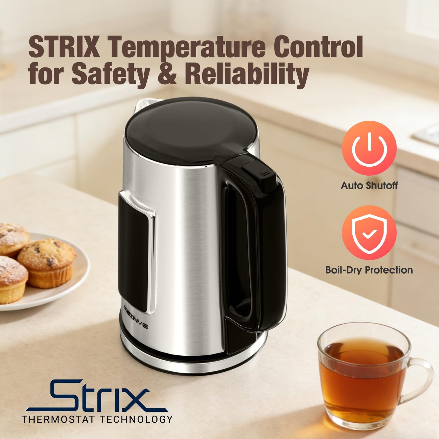 KEINVE 1.7L Electric Kettle, Touch Screen Water Boiler, No Plastic Interior, Double Wall, 6 Preset Temperatures, Fast Boil, and STRIX Control