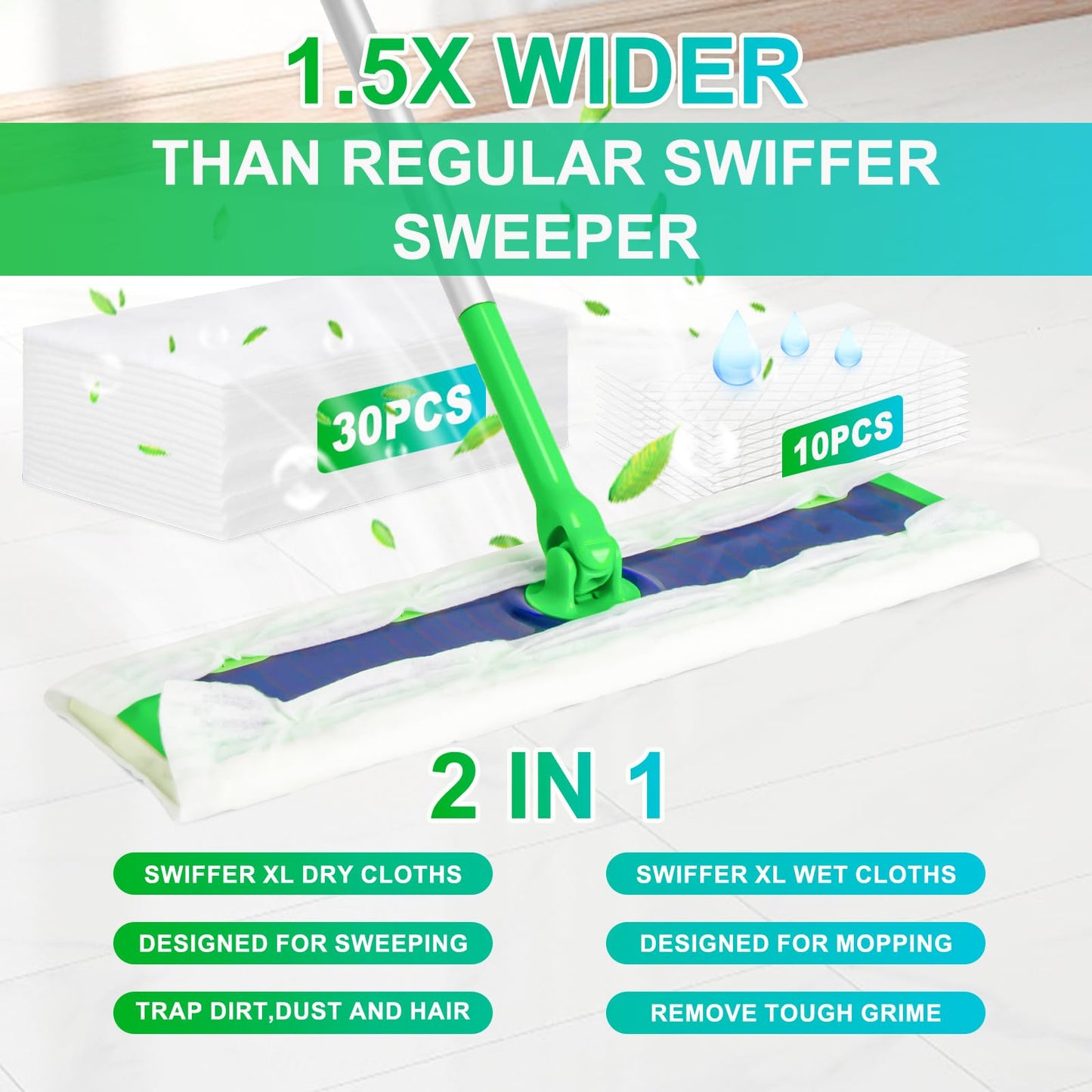 40 Count XL Dry+Wet Mop Pad Refills for Swiffer Sweeper XL Mop - Disposable X-Large Pads Kit Includes 30 Dry Sweeping Cloths & 10 Wet Mopping Pads for Floor Cleaning.（Only Pads, not Including mop）