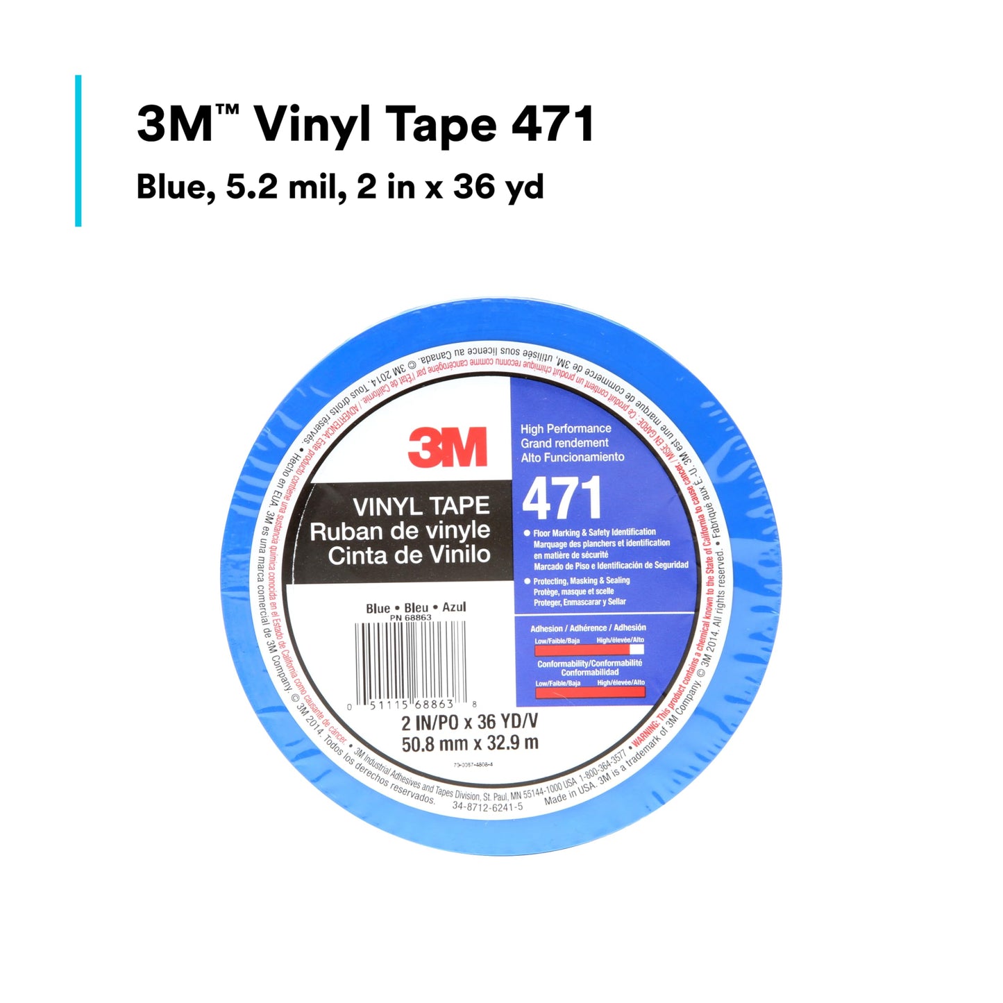 3M Vinyl Tape 471, Blue, 2 in x 36 yd, 5.2 mil, 1 Roll, Individually Wrapped Conveniently Packaged