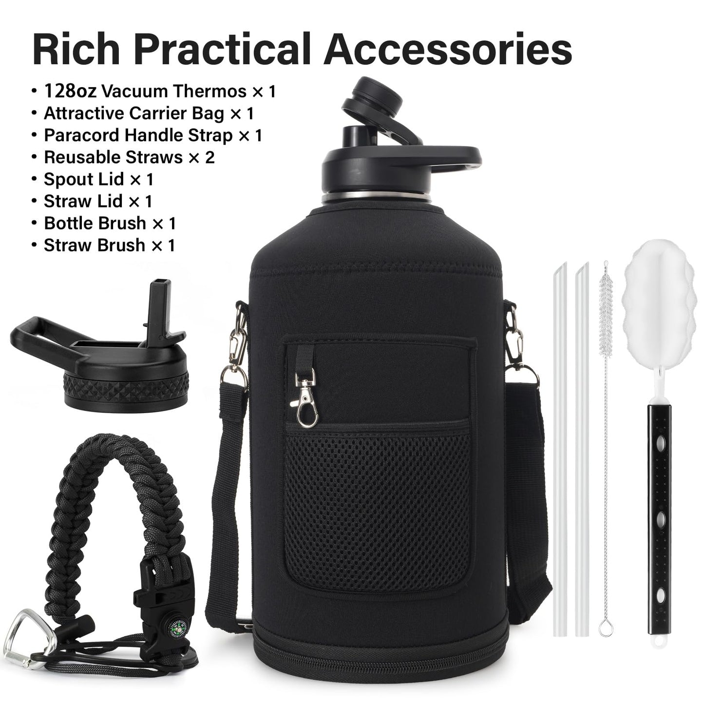 DYSANKY 1 Gallon Water Bottle Insulated | Thickened Stainless Steel Vacuum Metal Water Jug | Portable Sports Large for Gym and Hiking with Straw, Carrier Bag, Handle Strap | BPA-Free 128 oz