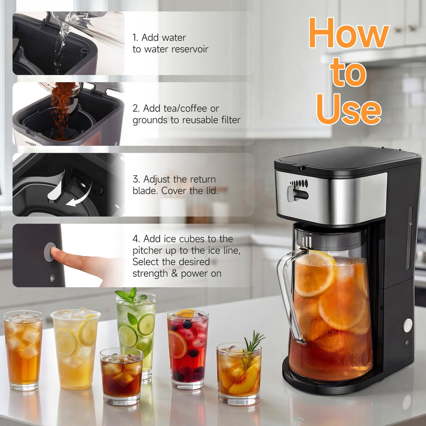Iced Coffee Tea Maker With Reusable Filter Basket 3 QT Pitcher Iced Tea And Coffee Machine, Tea Makers For Iced Tea, Lattes, Lemonade And Flavored Water (3QT 2)