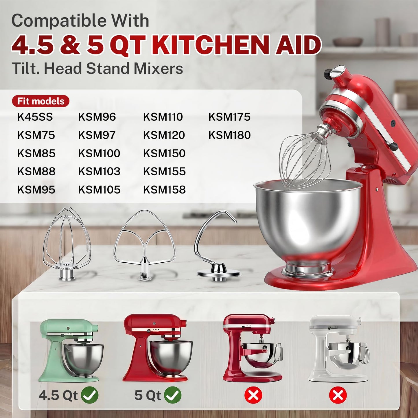 Stainless Steel Attachments 3 Piece Set for KitchenAid 4.5-5 Quart Tilt Head Stand Mixer, Includes K45B Flat Beater, K45DH Dough Hook and K45WW Wire Whip, Dishwasher Safe and Heavy Duty