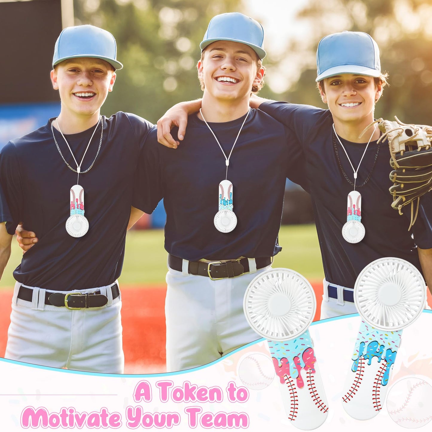 Honoson 12 Pcs Mini Portable Baseball Ice Cream Drip Fan Bulk Small Personal Handheld Fan with Lanyard for Team Gift Game Outdoor Sport Party Favors, Battery Not Include(Pink and Blue)