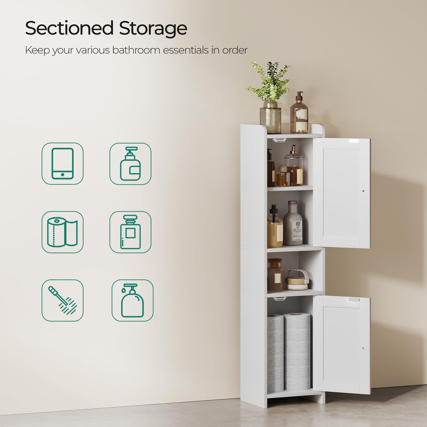 GLANZALANT Bathroom Cabinet with 2 Doors, 7.3 x 9.8 x 40.4 Inches, Small Freestanding Storage Cabinet with Adjustable Shelf, Floor Cabinet for Small Spaces, Bathroom, Entrances, Kitchen, White
