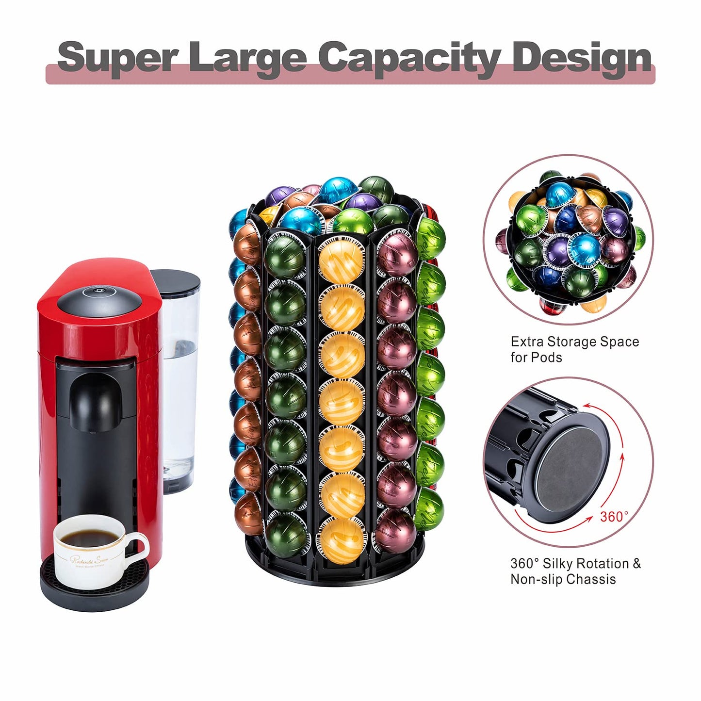 FlagShip for Nespresso Pod Holder Coffee Pod Carousel for Vertuo Pod Storage with Extra Space 360° Silent Rolling (100+ Pods Capacity)