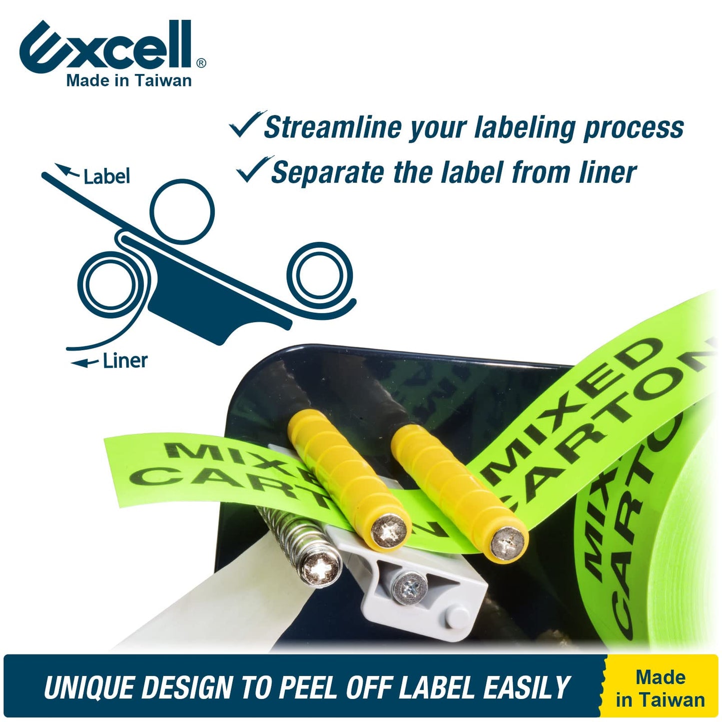 Excell LD-333 Manual Label Dispenser 3" Core, Works with 3" or 1" Wide Labels. Easy Peel-Off Design. Includes C-clamp for mounting on desks or workstations. Efficient and Versatile.