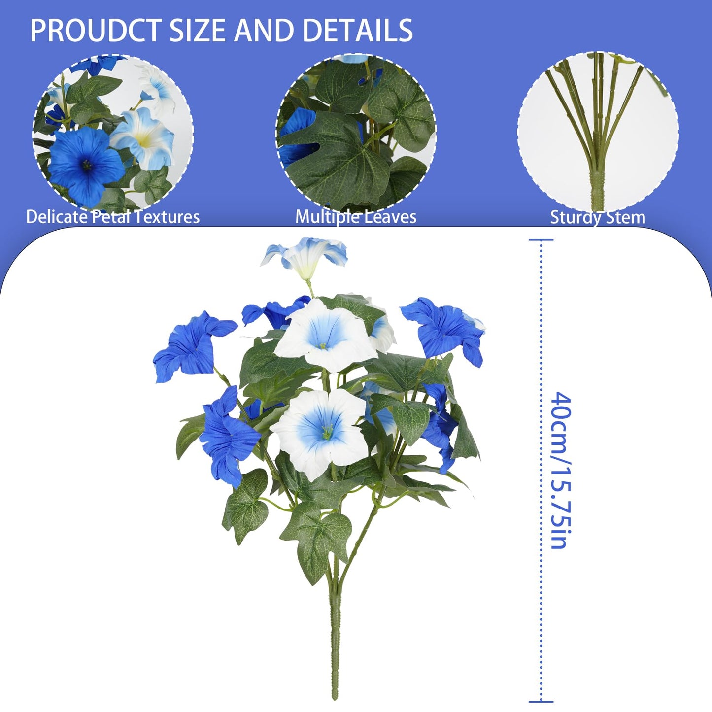 Artificial Flowers for Outdoors, Faux Petunias Spring Summer Decoration, Fake Flowers Plants UV Resistant Look Real Silk Flowers for Outside Planter Front Door Porch Patio Yard (12, Blue-White)