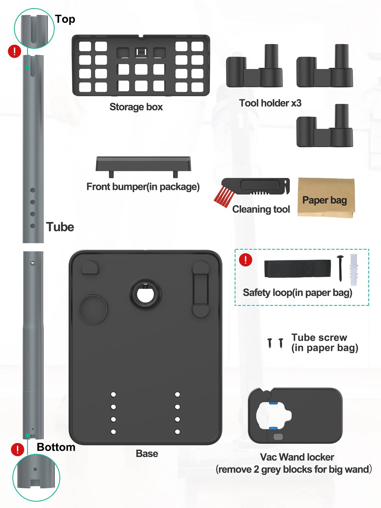 SheildOn Cordless Vacuum Stand, Adjustable Height, 7 Accessory Holders, Storage Box, Vac Standing Dock Compatible with Stick Vacuum Cleaners (Max. 1 4/5" Vac Wand)