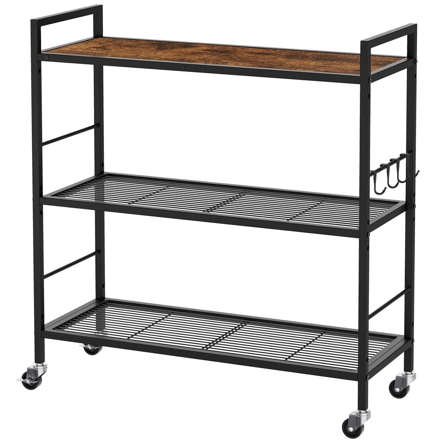 XIVIRACK 3-Tier Metal Storage Rack with Industrial Wheels,Mesh Shelving Unit with Wooden Table top,Adjustable Shelf,31.5-Inch Width, for Kitchen, Laundry,Pantry,Plant,Black