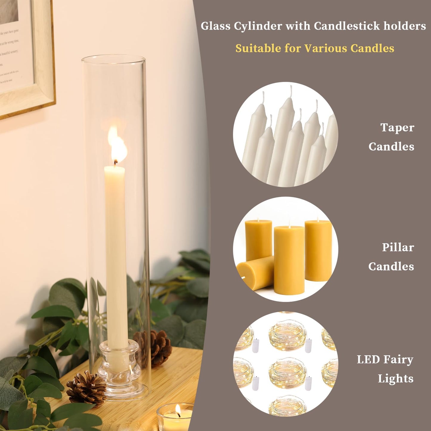 Volens Hurricane Glass Candle Holders - Set of 6 Candlestick Holders for Taper Candles with Windproof Cylinder Covers 14" Tall Clear Glass Chimney Cover for Wedding Table Centerpiece Home Decor