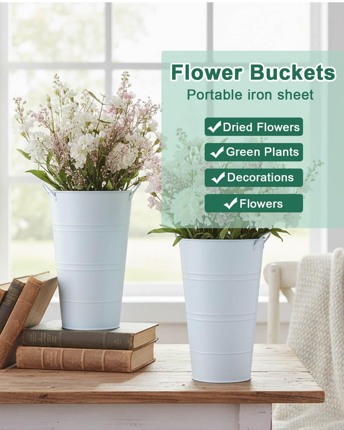 vensovo 12 Inch Galvanized Metal Vases for Flowers - 6 Pcs Farmhouse Decorative Tall Flower Bucket with Handles, Rustic French Tin Planter Buckets for Wedding Decor (Pure White)